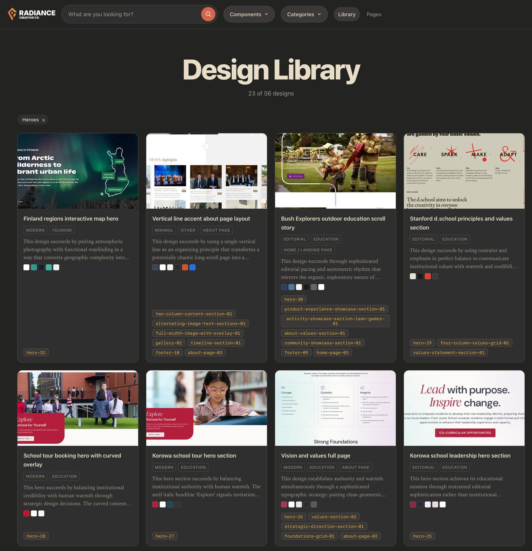 Design Library grid of saved website designs, each with tags, color swatches and component names