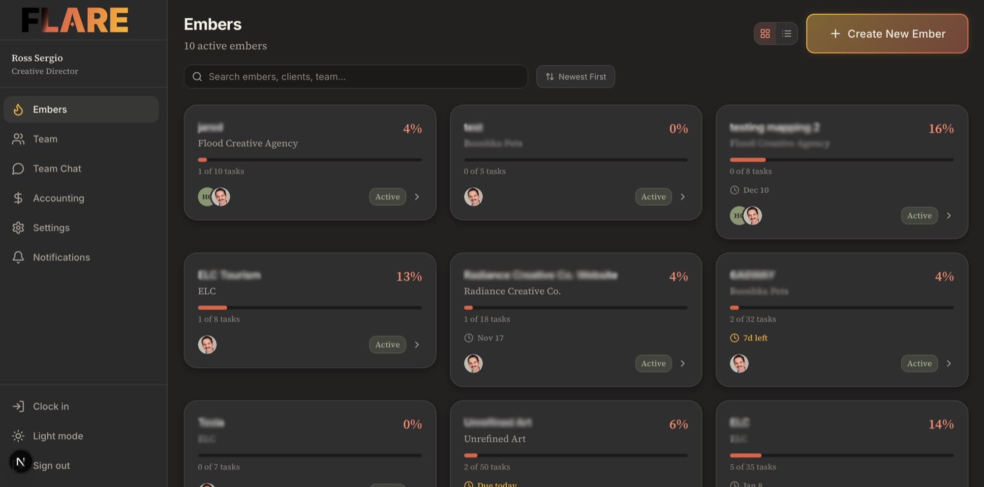 Flare dashboard: a grid of active projects, each with its client, task progress, due date and team