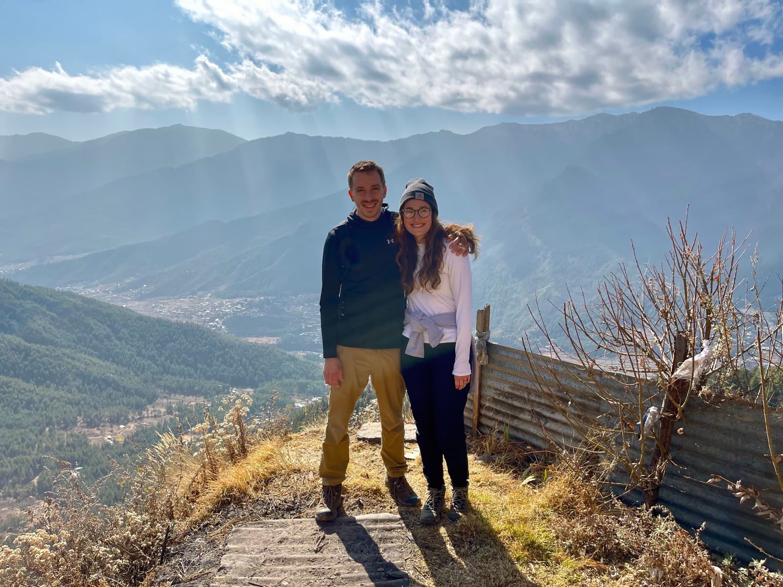 Ross and Hannah Sergio on a mountain trail above the Thimphu valley
