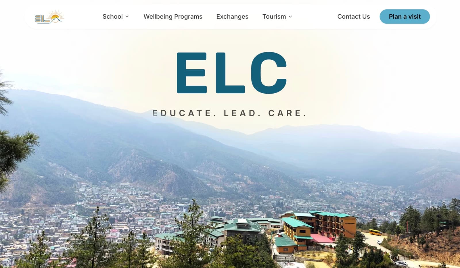 ELC website home page: the ELC wordmark and “Educate. Lead. Care.” over a view of the Thimphu valley